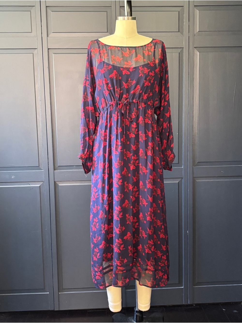Madewell Navy Dress with Red Floral Print